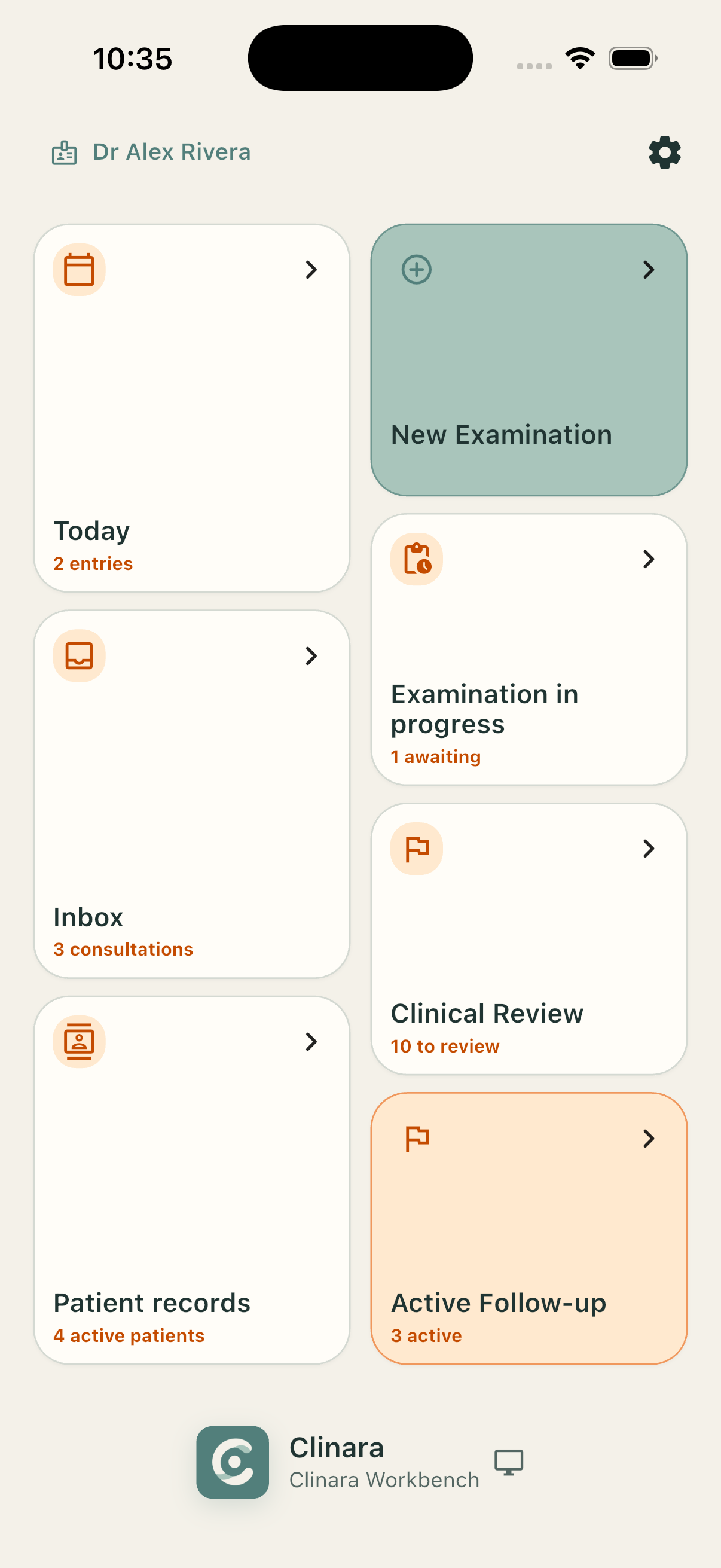 Clinara Workbench home showing clinical worklists, patient records and follow-up